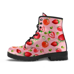 Pink Strawberries Pattern Vegan Boots Mens Womens