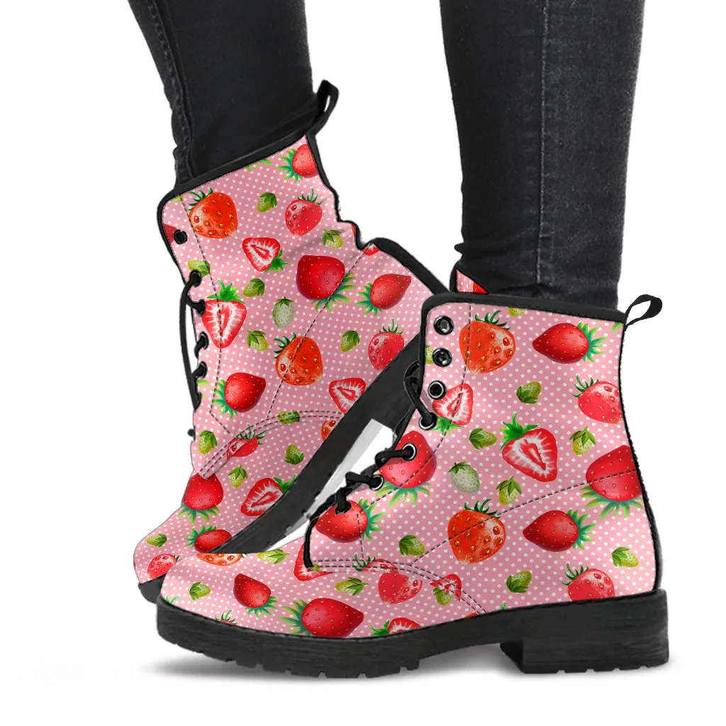 Pink Strawberries Pattern Vegan Boots Mens Womens