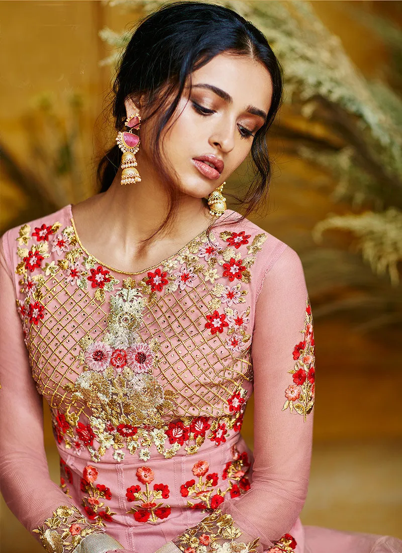 Pink Traditional Multi Embroidered Layered Bridal Anarkali Suit