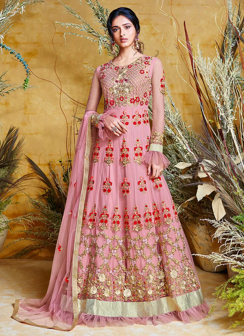 Pink Traditional Multi Embroidered Layered Bridal Anarkali Suit
