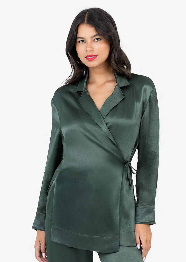 Plisse Side Tie Jacket Ivy Green Shiny