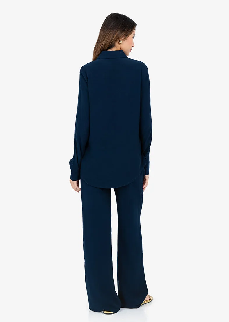 Plisse Split Hem Shirt Midnight Navy