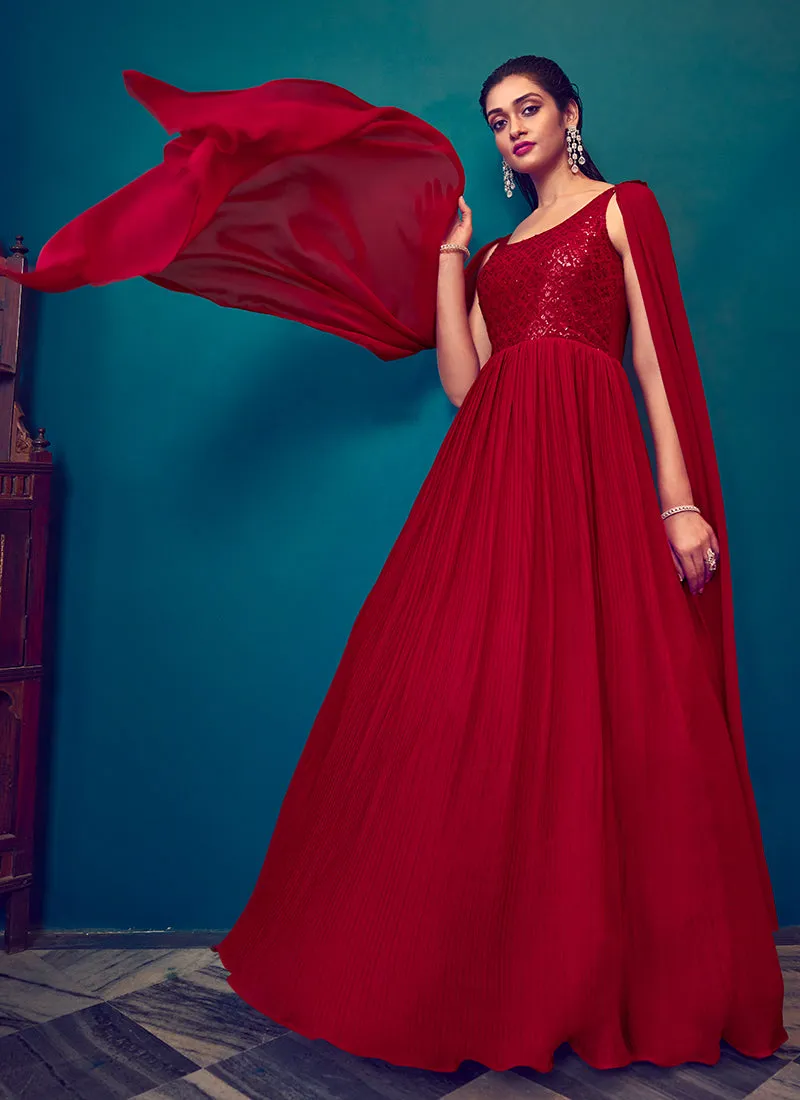 Red Sequence Embroidery Cape Style Designer Gown