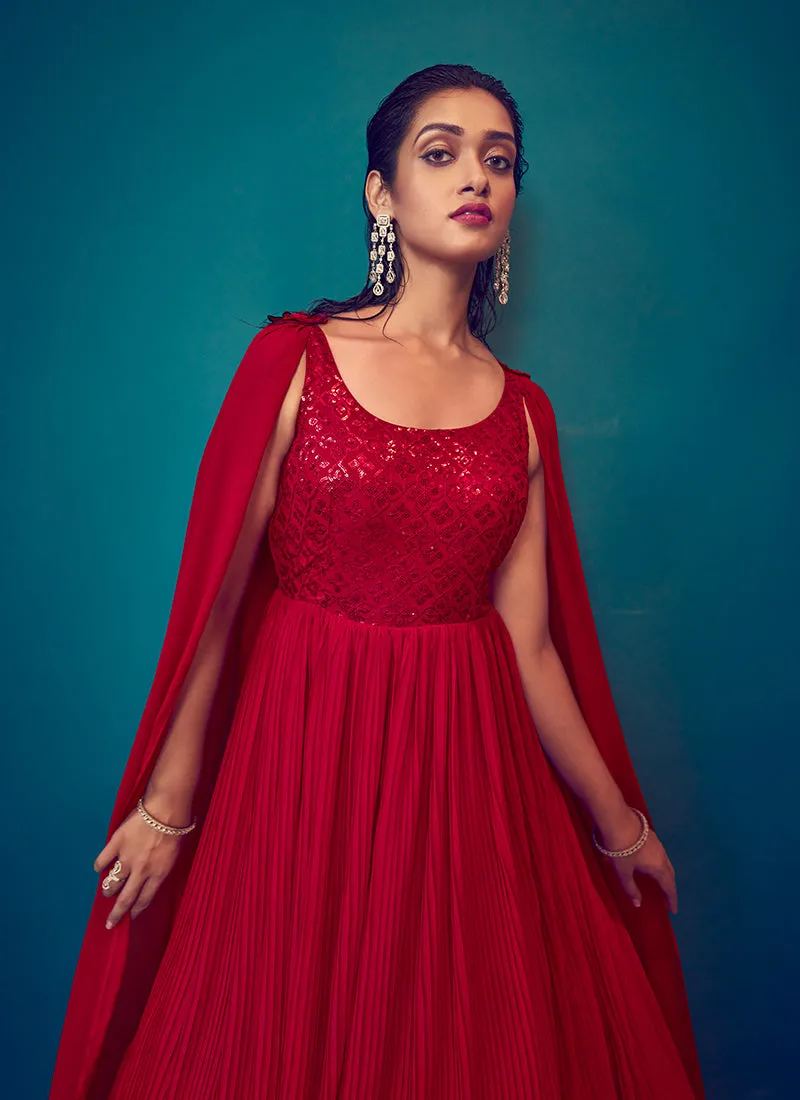 Red Sequence Embroidery Cape Style Designer Gown