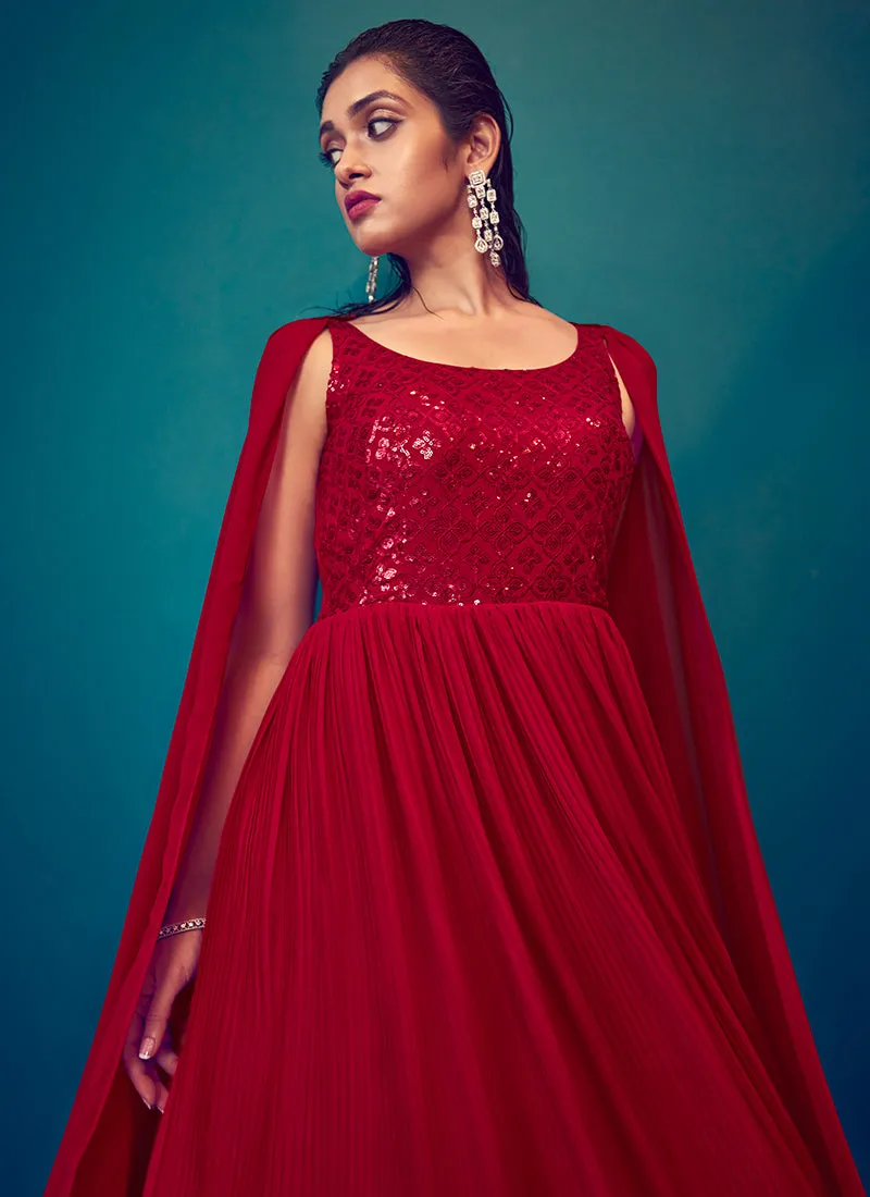 Red Sequence Embroidery Cape Style Designer Gown