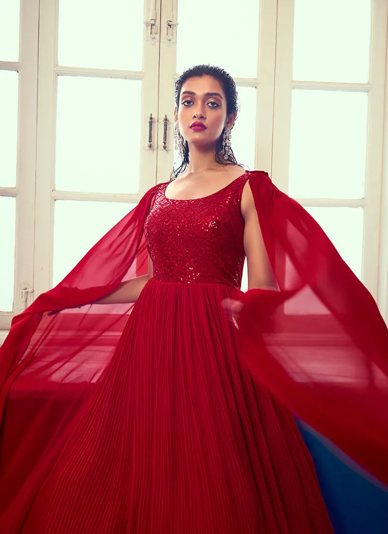 Red Sequence Embroidery Cape Style Designer Gown