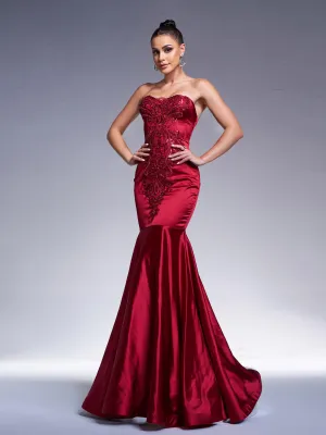 Red Strapless Embroidered Mermaid Evening Dress RX70101