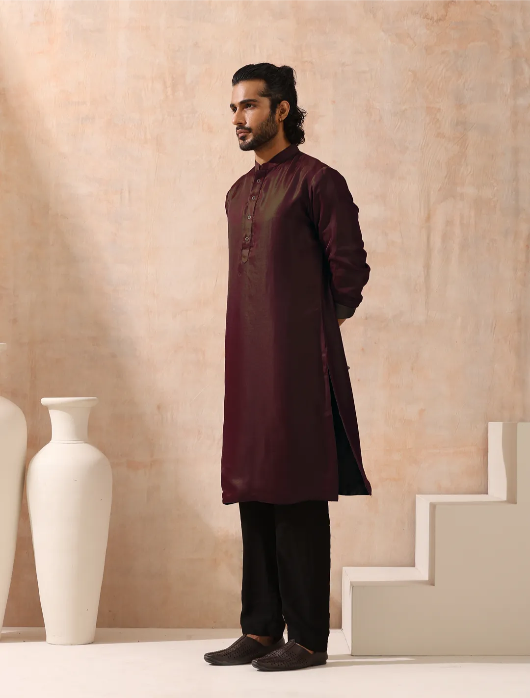 Reversible Maroon Green and Red Satin Kurta