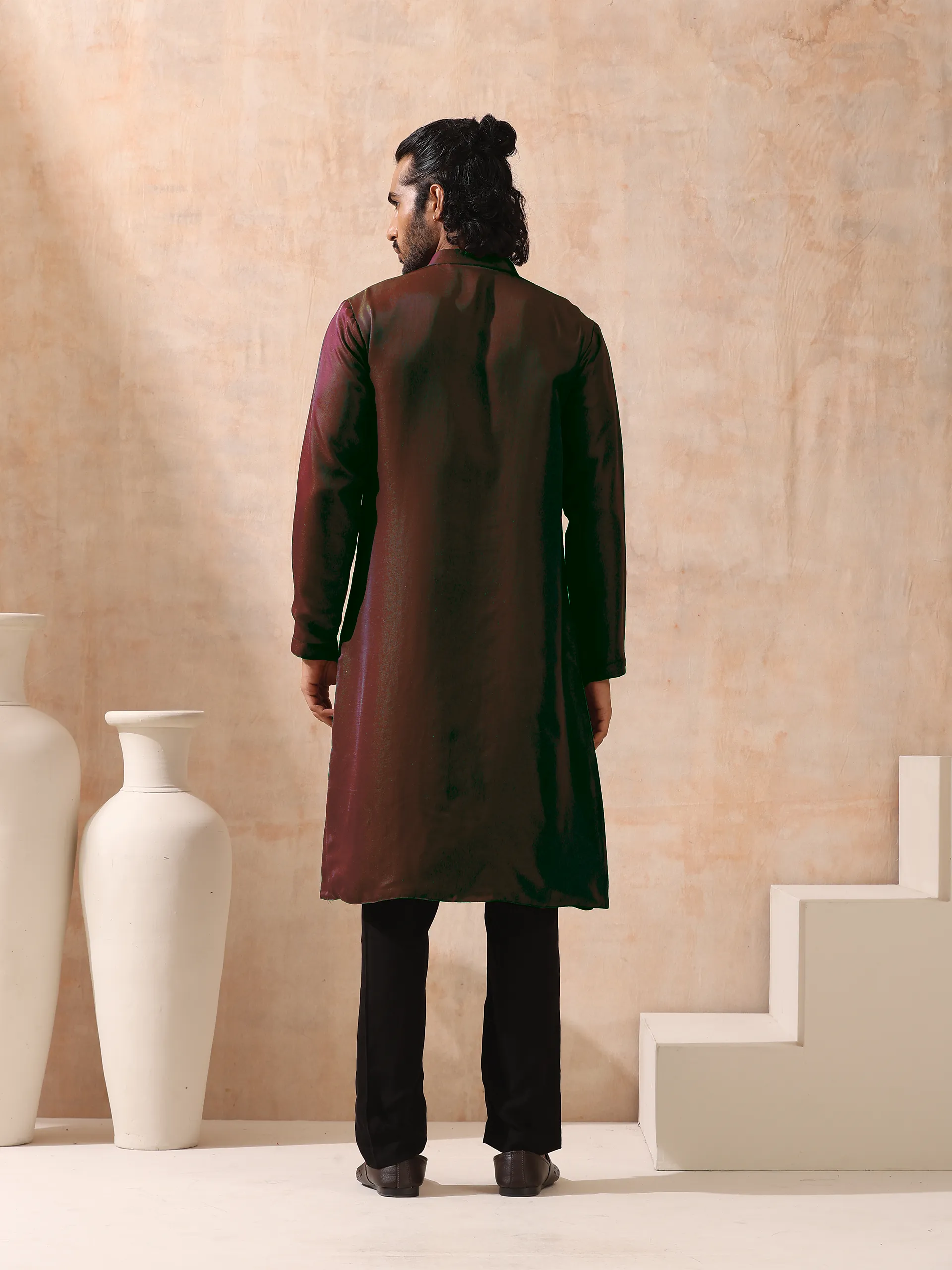 Reversible Maroon Green and Red Satin Kurta