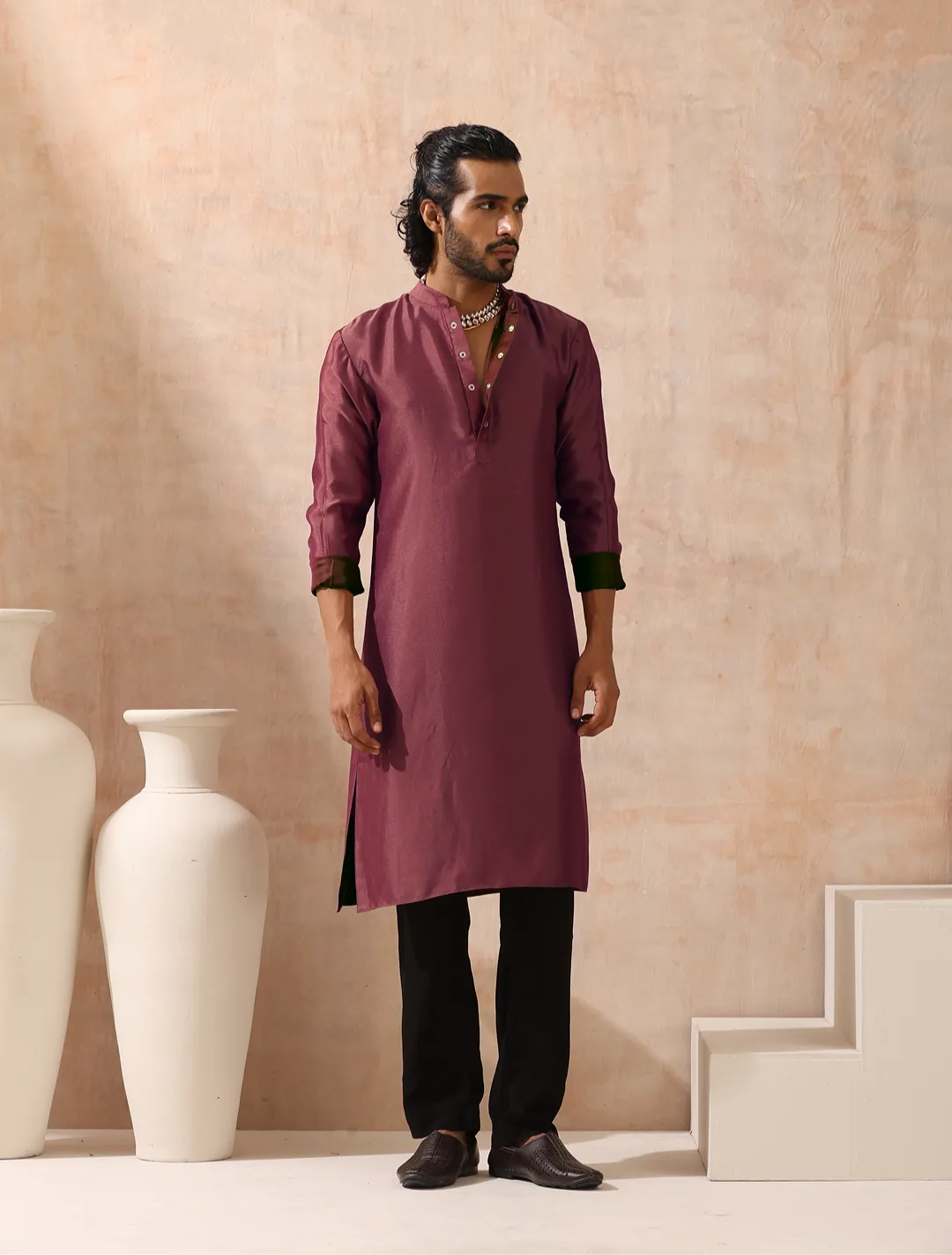 Reversible Maroon Green and Red Satin Kurta