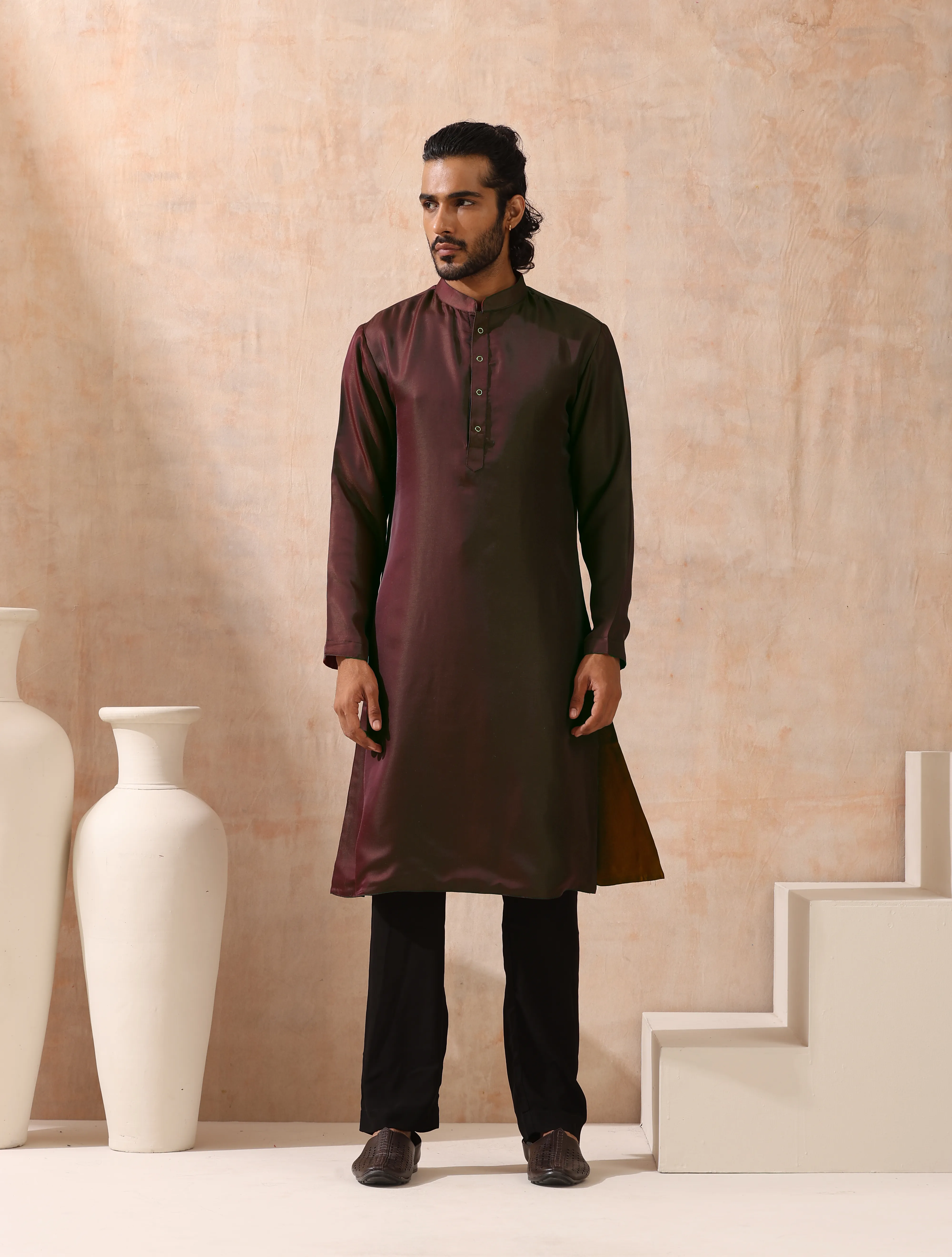 Reversible Maroon Green and Red Satin Kurta
