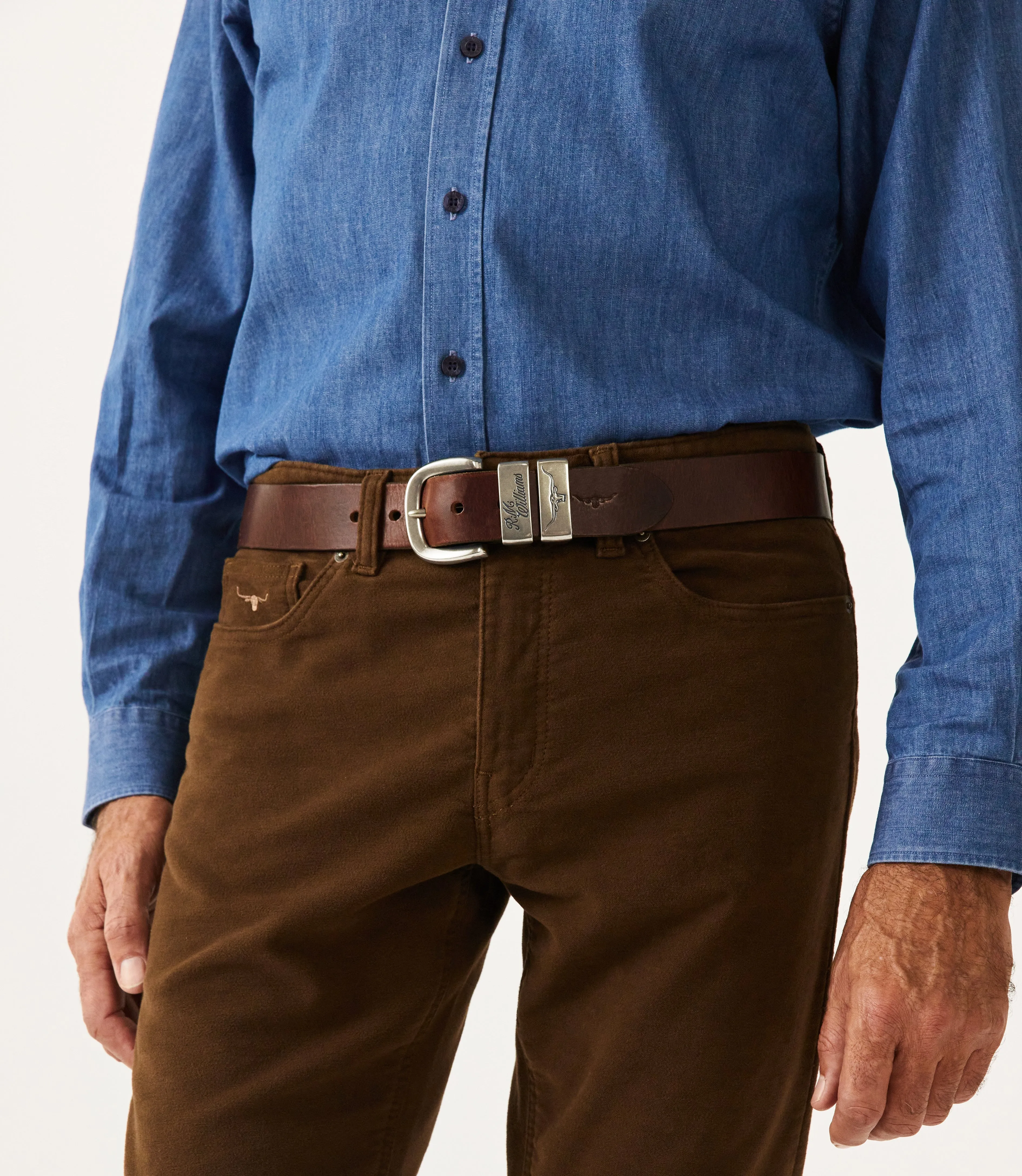 R.M.Williams - Drover Belt - Brushed Nickel Hardware - Dark Tan