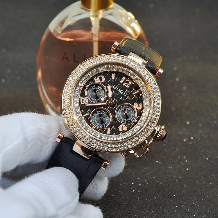 Round Rhinestone Leather Strap Women's Watch