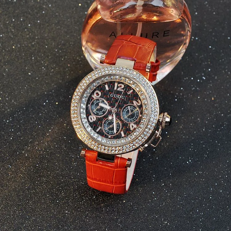 Round Rhinestone Leather Strap Women's Watch