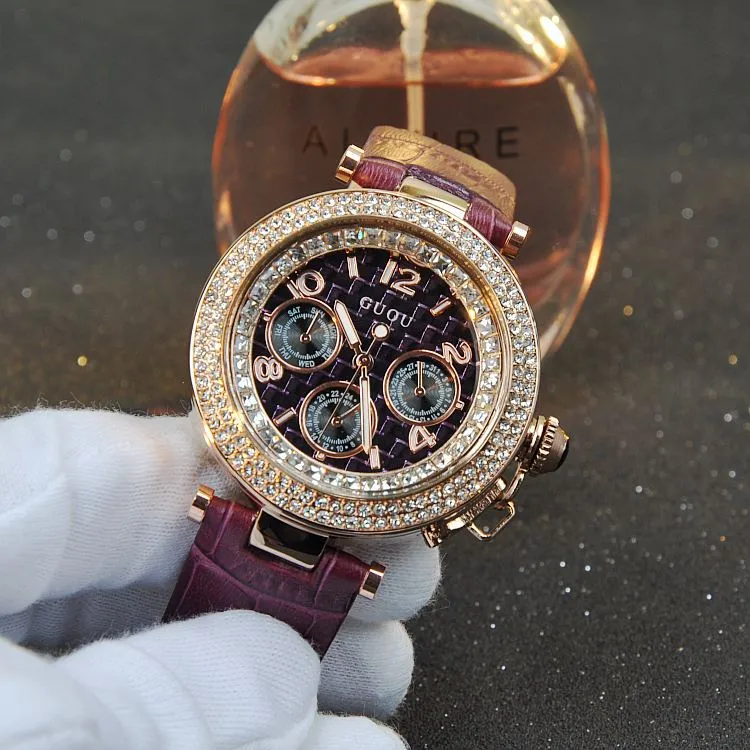 Round Rhinestone Leather Strap Women's Watch