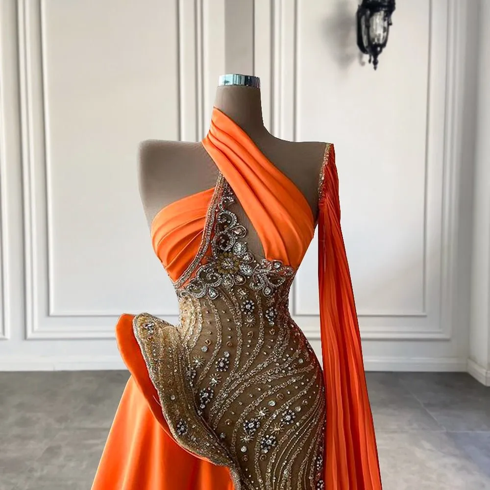 See Through  Crystals Sparkly Orange Women Long Evening Dresses