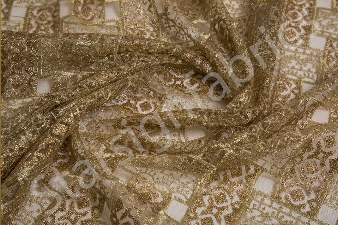 Shiny Gold Sequin Embroidered Fabric in Traditional Style