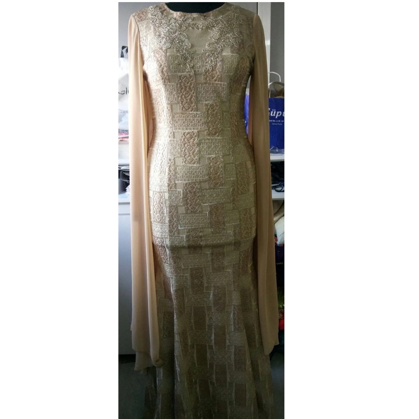 Shiny Gold Sequin Embroidered Fabric in Traditional Style
