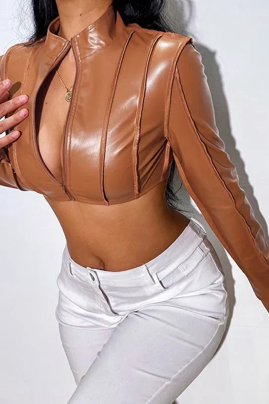 Short zipper PU leather jacket