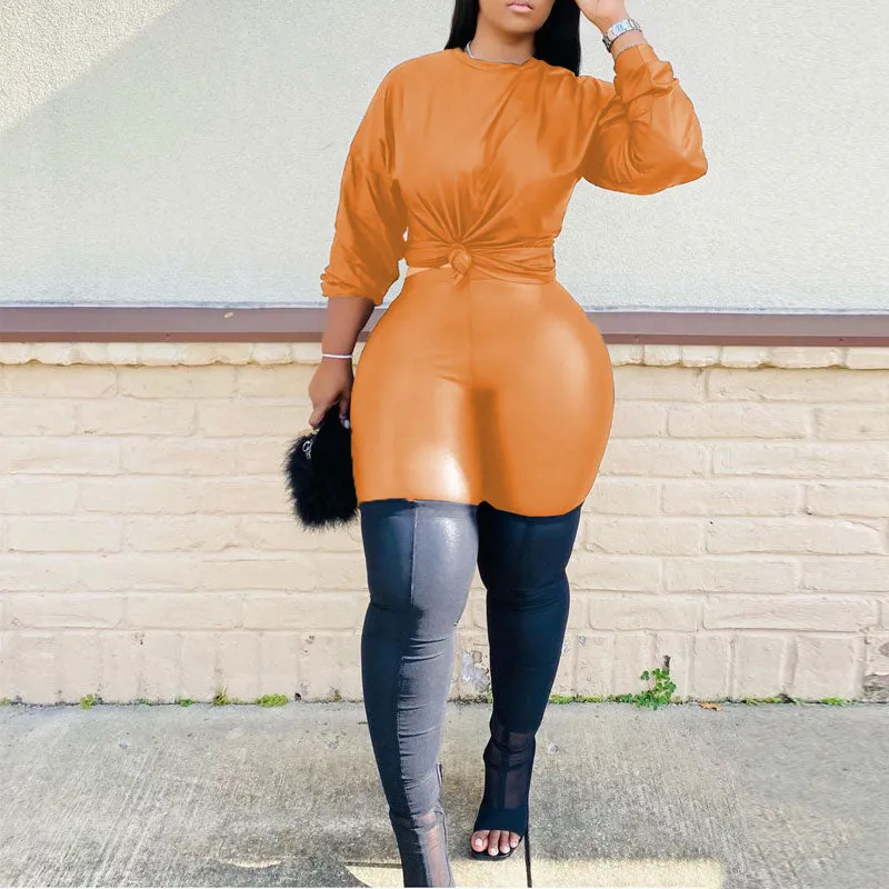 Solid Long Sleeve Faux Leather 2PCS Pants Set