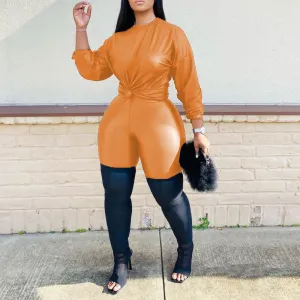 Solid Long Sleeve Faux Leather 2PCS Pants Set
