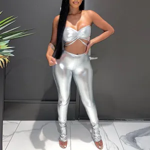 Solid PU Leather Tube Top & Pants Set