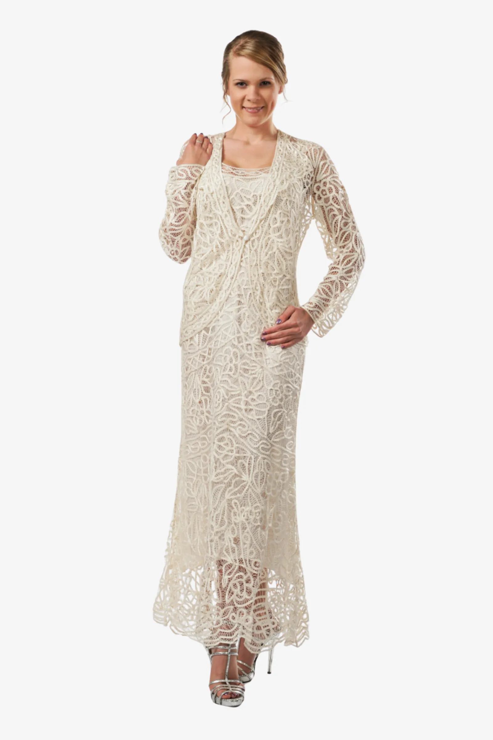 Soulmates C715 Embroidered Silk Lace Evening Dress with Jacket Set