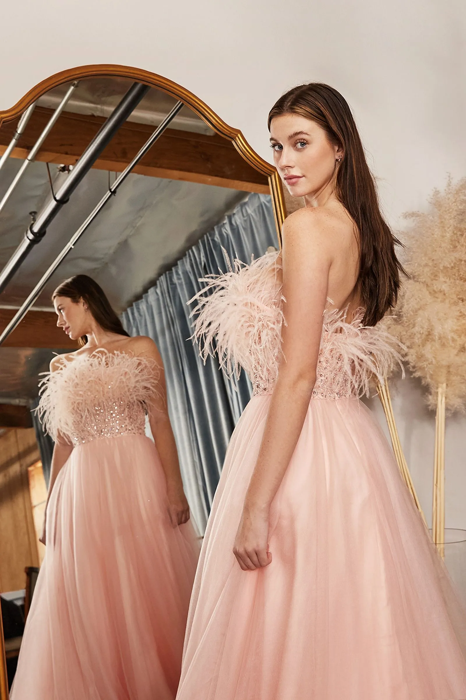 Strapless Feather Ball Gown