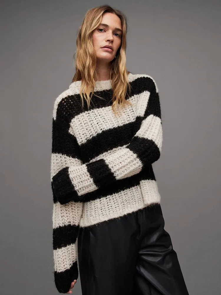 Striped Crochet Loose-Fit Sweater – Casual O-Neck Knit Top