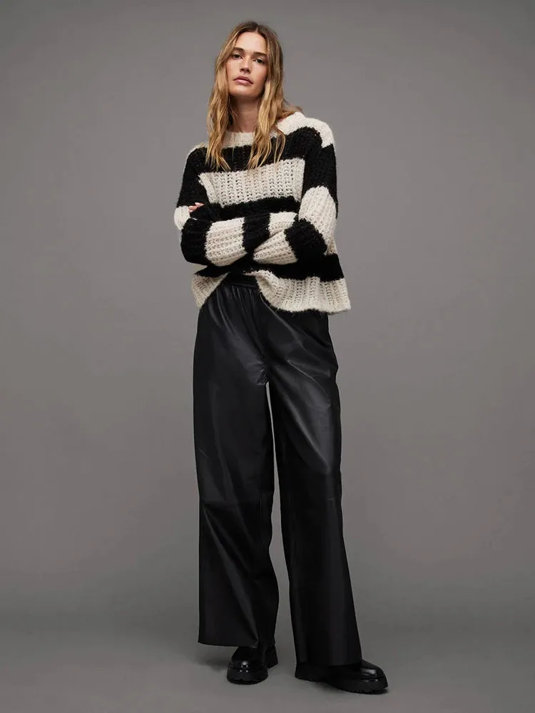 Striped Crochet Loose-Fit Sweater – Casual O-Neck Knit Top