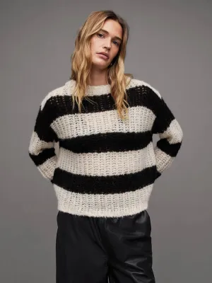 Striped Crochet Loose-Fit Sweater – Casual O-Neck Knit Top