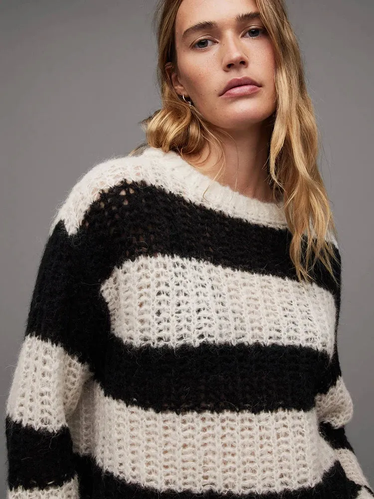 Striped Crochet Loose-Fit Sweater – Casual O-Neck Knit Top