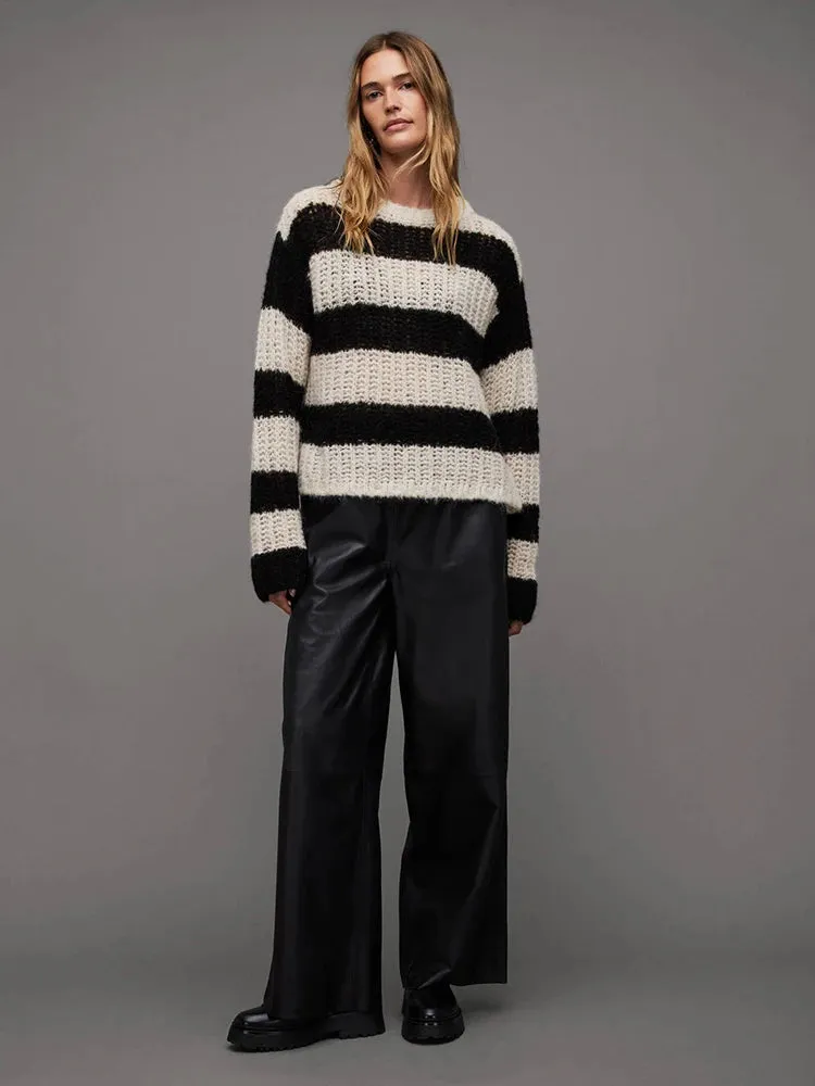 Striped Crochet Loose-Fit Sweater – Casual O-Neck Knit Top
