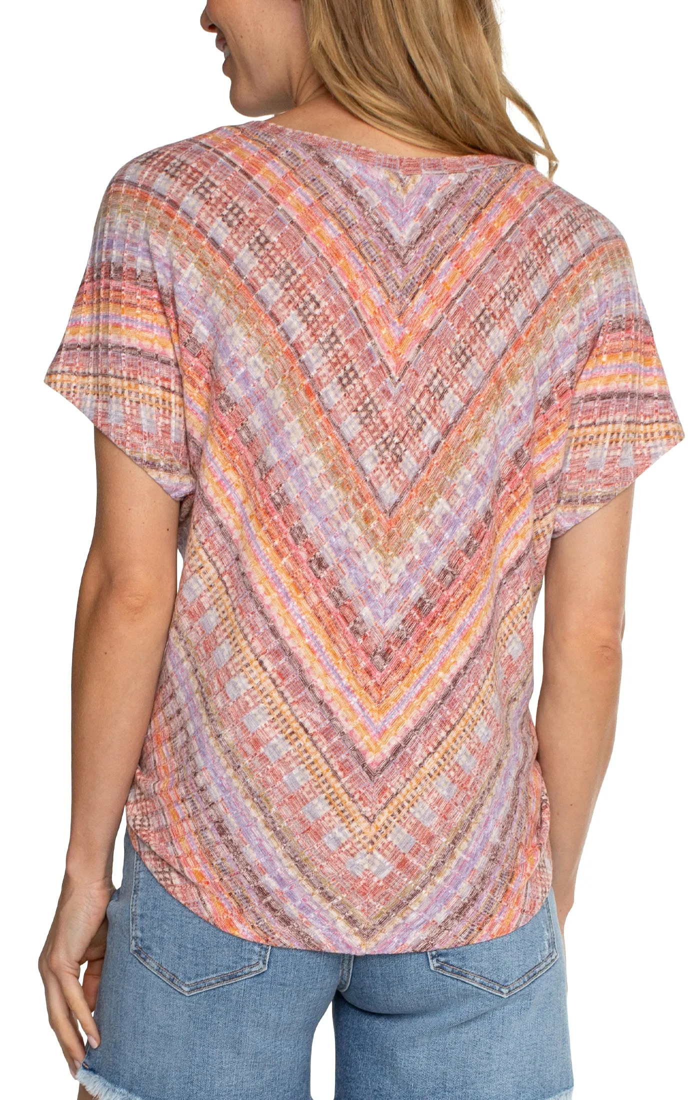 Striped Ribbed Boat Neck Short Dolman Slv Top w Twisted Front Detail LM8D27KU55P