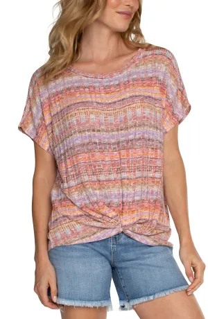 Striped Ribbed Boat Neck Short Dolman Slv Top w Twisted Front Detail LM8D27KU55P