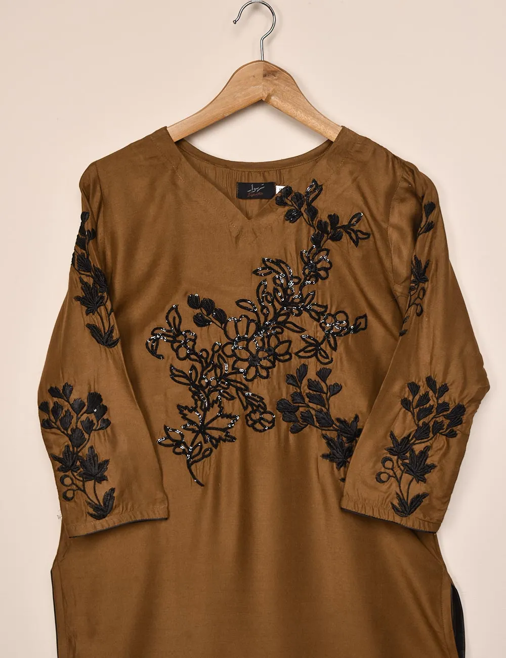 Tehwaar Winter Linen Embroidered Stitched Kurti - Mahogany (TW-06A-Brown)
