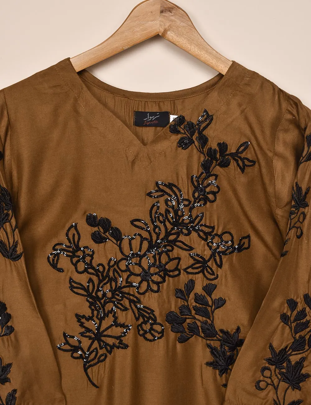 Tehwaar Winter Linen Embroidered Stitched Kurti - Mahogany (TW-06A-Brown)