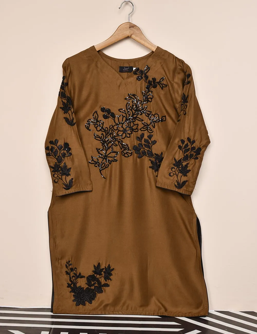 Tehwaar Winter Linen Embroidered Stitched Kurti - Mahogany (TW-06A-Brown)