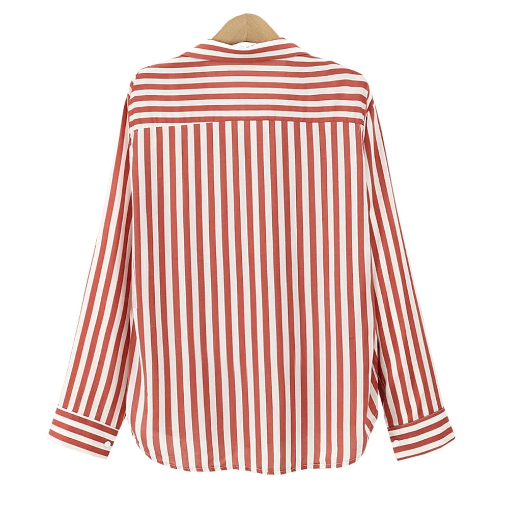 Turn Dow Collar Striped Long Sleeved Shirt 7296