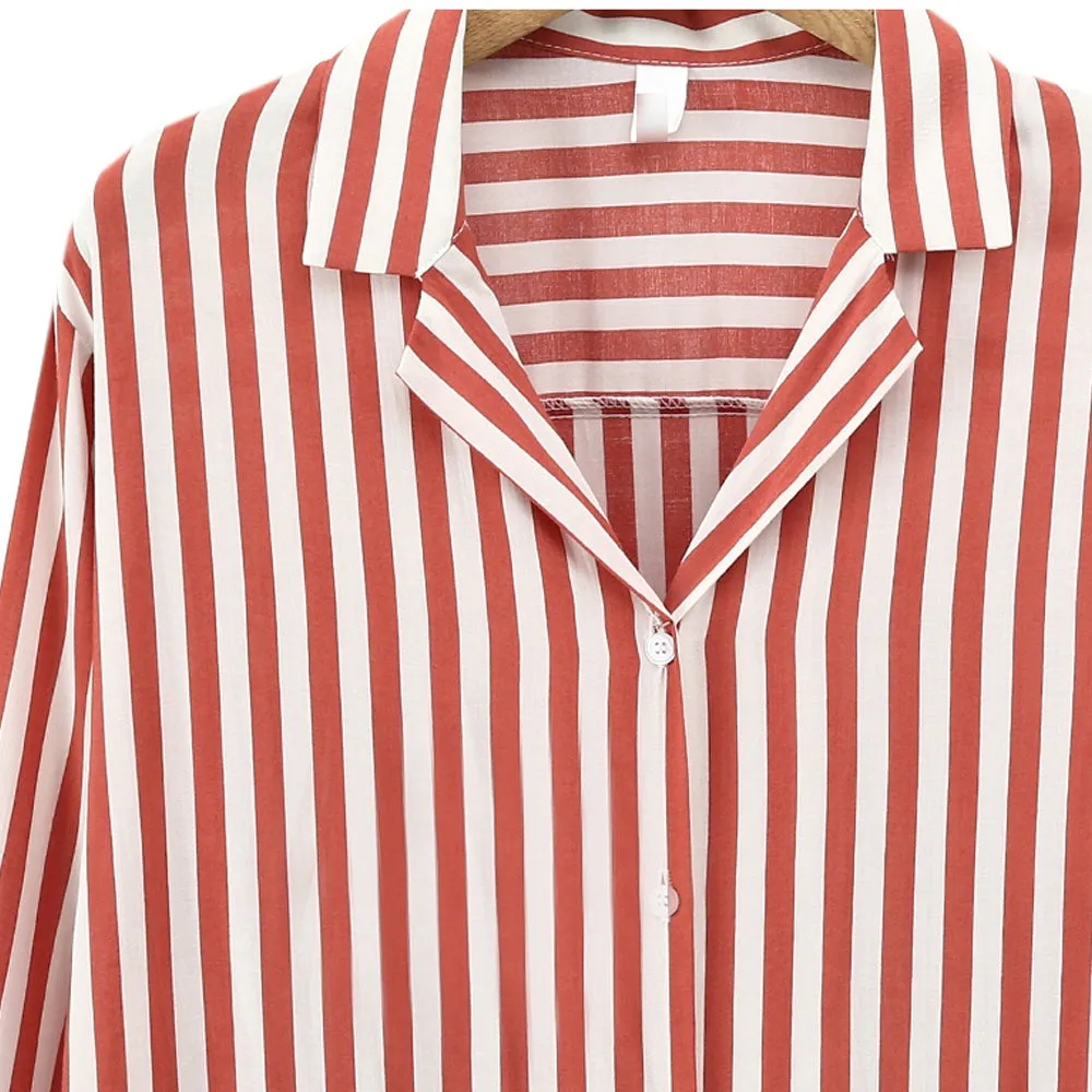Turn Dow Collar Striped Long Sleeved Shirt 7296
