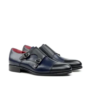 Unique Handcrafted Navy Blue Double Strap Monkstrap w/ Cap Toe