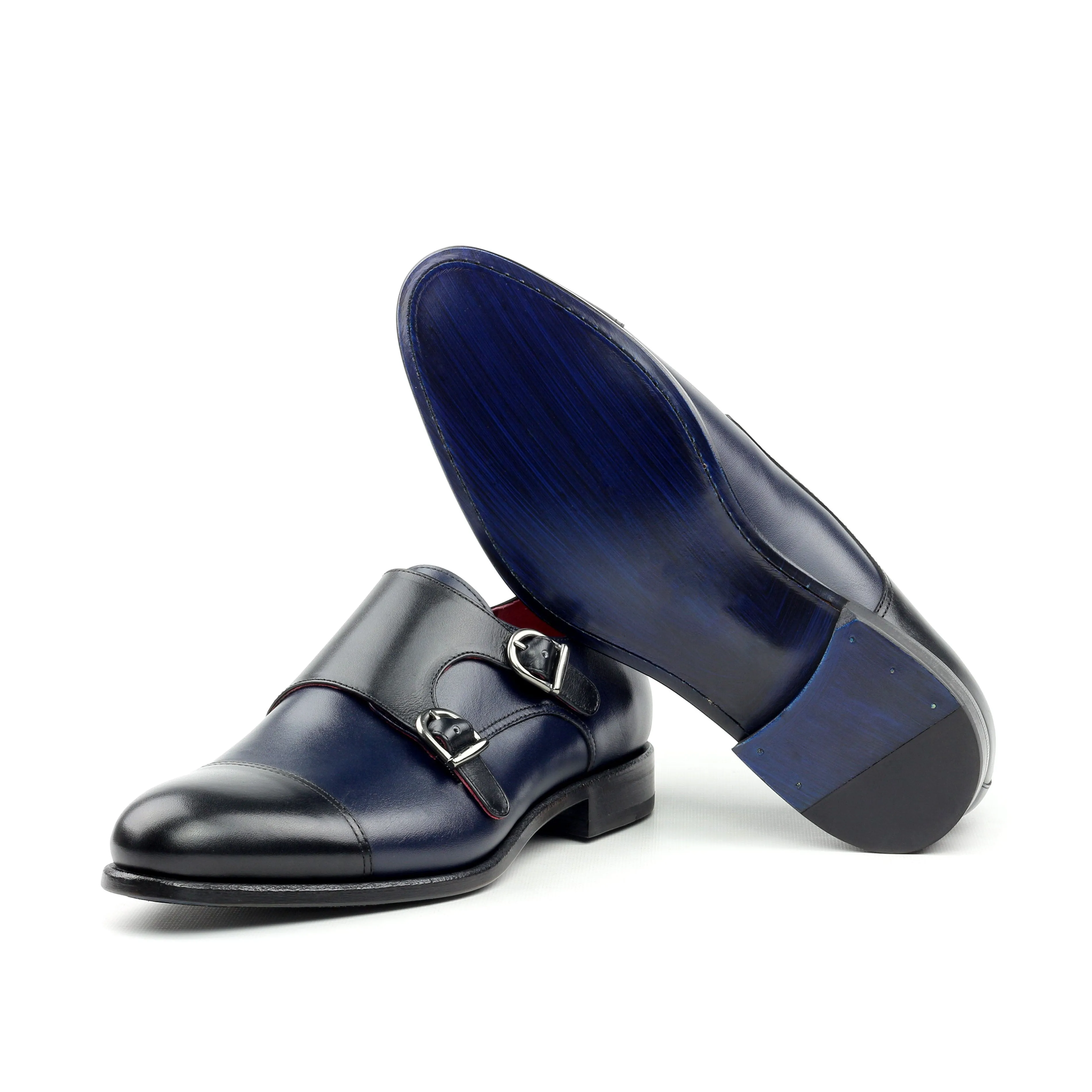 Unique Handcrafted Navy Blue Double Strap Monkstrap w/ Cap Toe