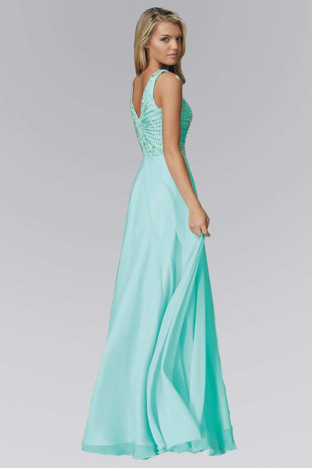 V Neck and Back Chiffon Floor Length Dress with Jewel and Sequin Bodice
