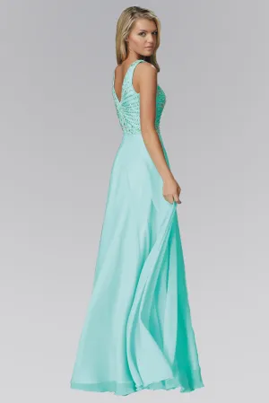 V Neck and Back Chiffon Floor Length Dress with Jewel and Sequin Bodice