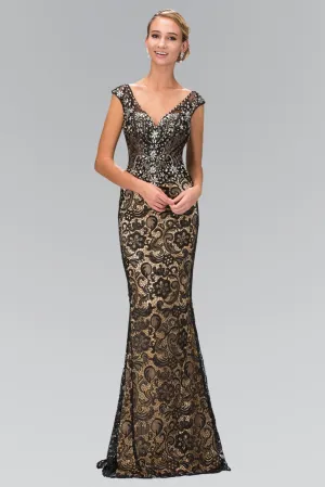 V-Neck Lace Embellished Long Dress with Jewel Detailing