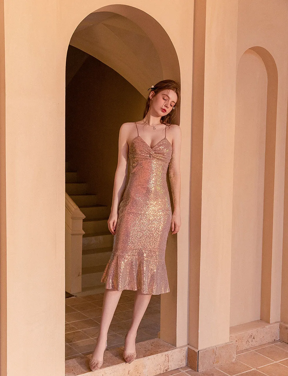 V Neck Sequined Mermaid Dress With Straps