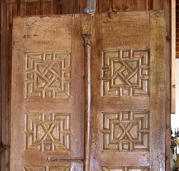 Very Tall Spanish Style Paneled Painted Pine Double Door Entry