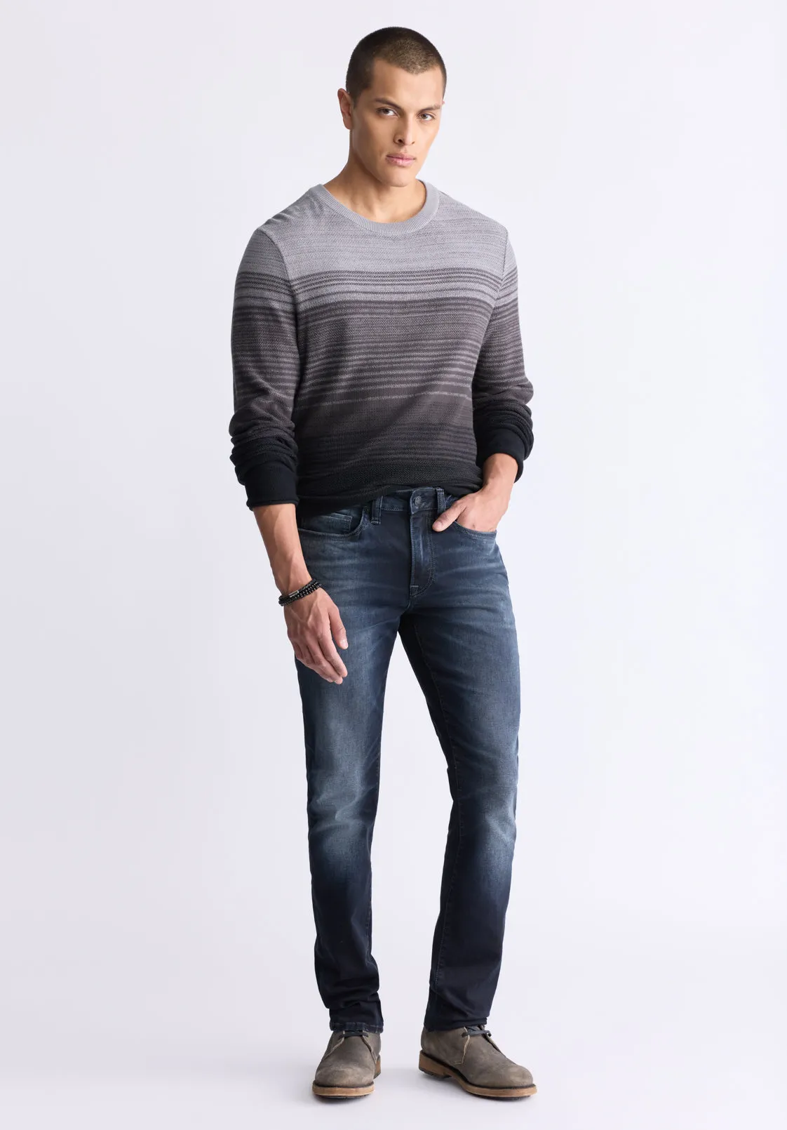 Waldy Men's Gradient Striped Knit Pullover, Charcoal - BM24419