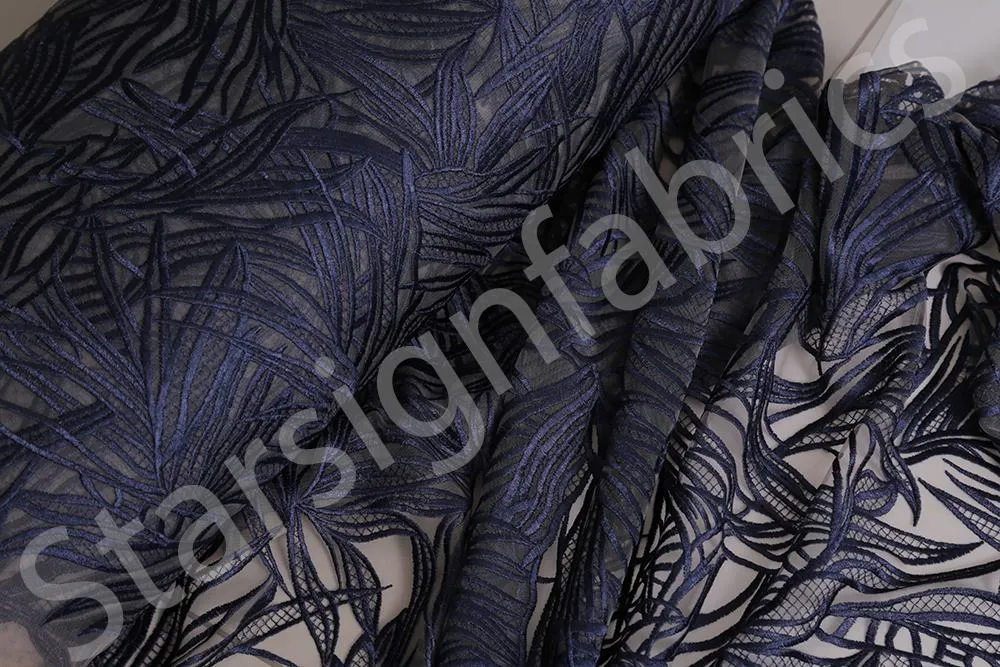 Wavy Leaf Pattern Layered Thread Embroidery Fabric