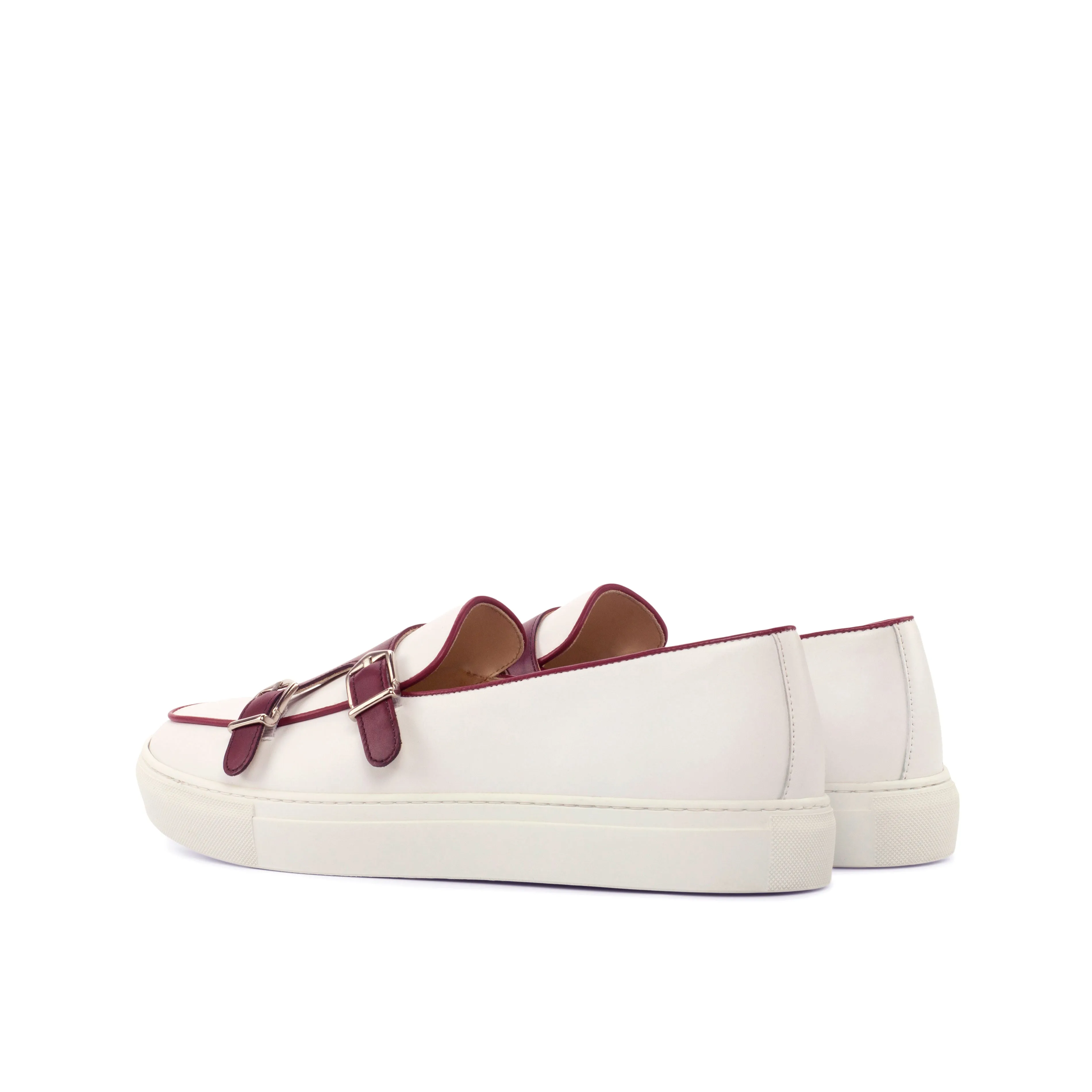 White & Burgundy Nappa Double-Monk Sneakers